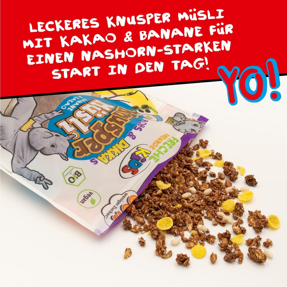 FRECHE FREUNDE KIDS, Bobs & DIKKAs Muesli crocant cu banană și cacao, muesli crocant cu ciocolată pentru copii, conținut scăzut de zahăr, fără aditivi, 100% vegan, 6 bucăți (6 x 280g)