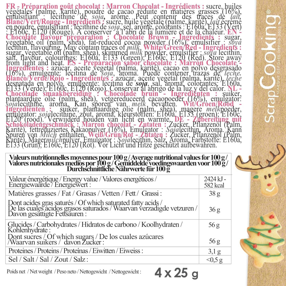 Scrapcooking - Lot de 4 Crayons de Couleur Chocolat de Noël - Marron, Blanc, Vert et Rouge - Colorants Comestibles - Colorant Alimentaire pour Écrire - Écrire et Dessiner sur Desserts, Gâteaux et Biscuits - 7060