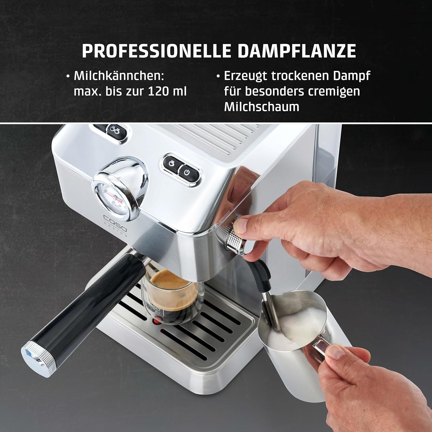 Caso Espresso Gourmet - Machine à expresso porte-filtre en acier inoxydable, puissante pompe Ulka 19 bars, avec mousseur à lait, pour café moulu ou capsules de café ESE, pour 2 tasses, avec chauffe-tasses