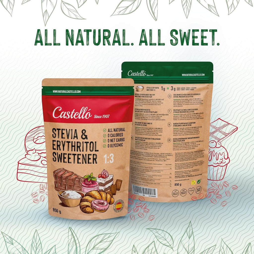 Stevia + Eritritol 1:3 Îndulcitor,1G = 3G Zahăr, 850 grame Indulcitori Naty Shop