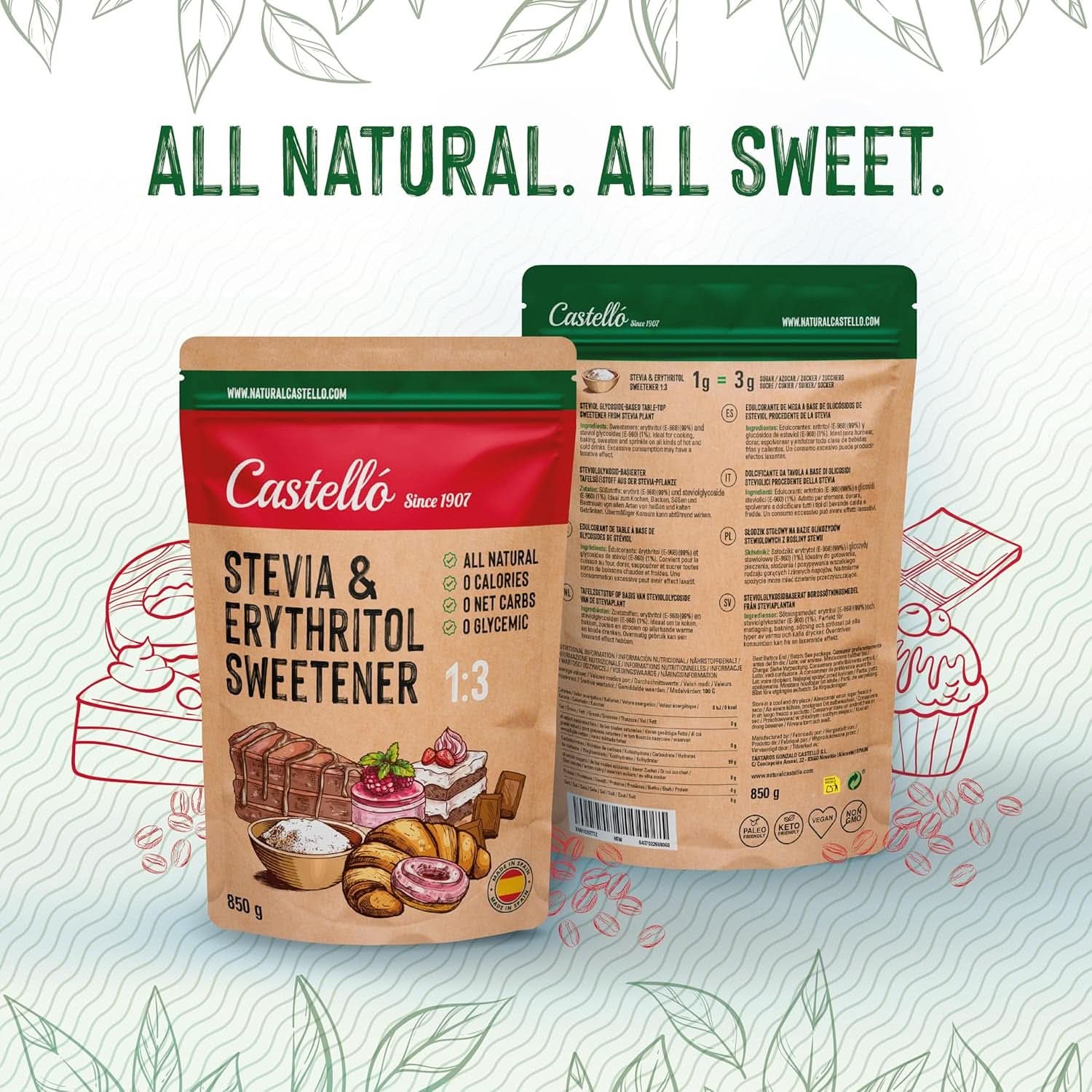 Stevia + Eritritol 1:3 Îndulcitor,1G = 3G Zahăr, 850 grame Indulcitori Naty Shop