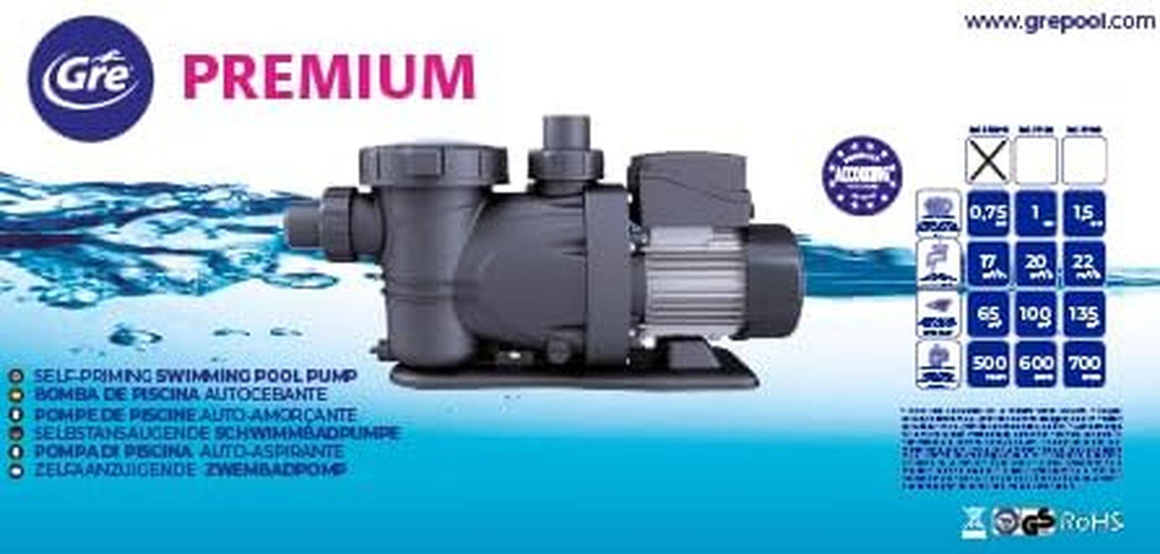 Gre PP077H - Pompă pentru piscină, 550 W, 17 m³/h, până la 65 m³, rezervor de nisip Ø 500 mm, conformă cu Directiva Europeană de Ecodesign
