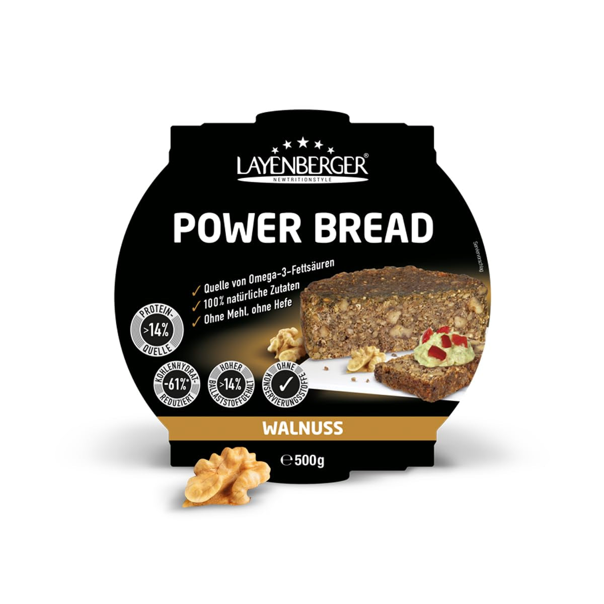 Layenberger Prower Bread Walnut, Eiweiß- Und Ballaststoffquelle, Ohne Konservierungsmittel, Ohne Hefe, Ohne Mehl, Mit 14G Protein Pro 100G, (1 X 500G) Mélange pour la pâtisserie et la cuisson Naty Shop 500 G (1Er Pack) Noyer