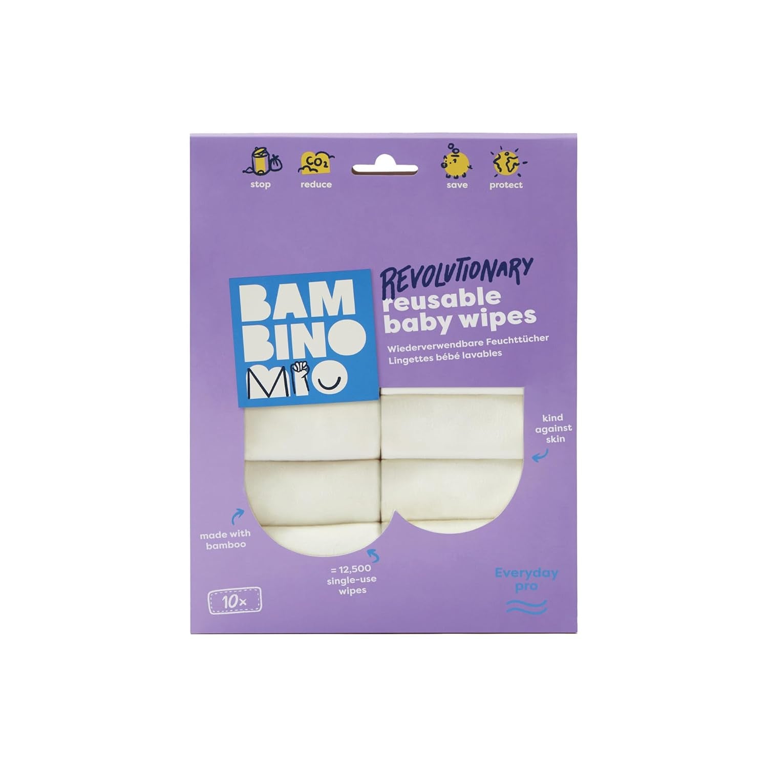 Bambino Mio Lingettes réutilisables pour bébé – Basique – Respectueuses de l'environnement, sans produits chimiques, double face, lavables, paquet de 10, nuage – L'emballage peut varier