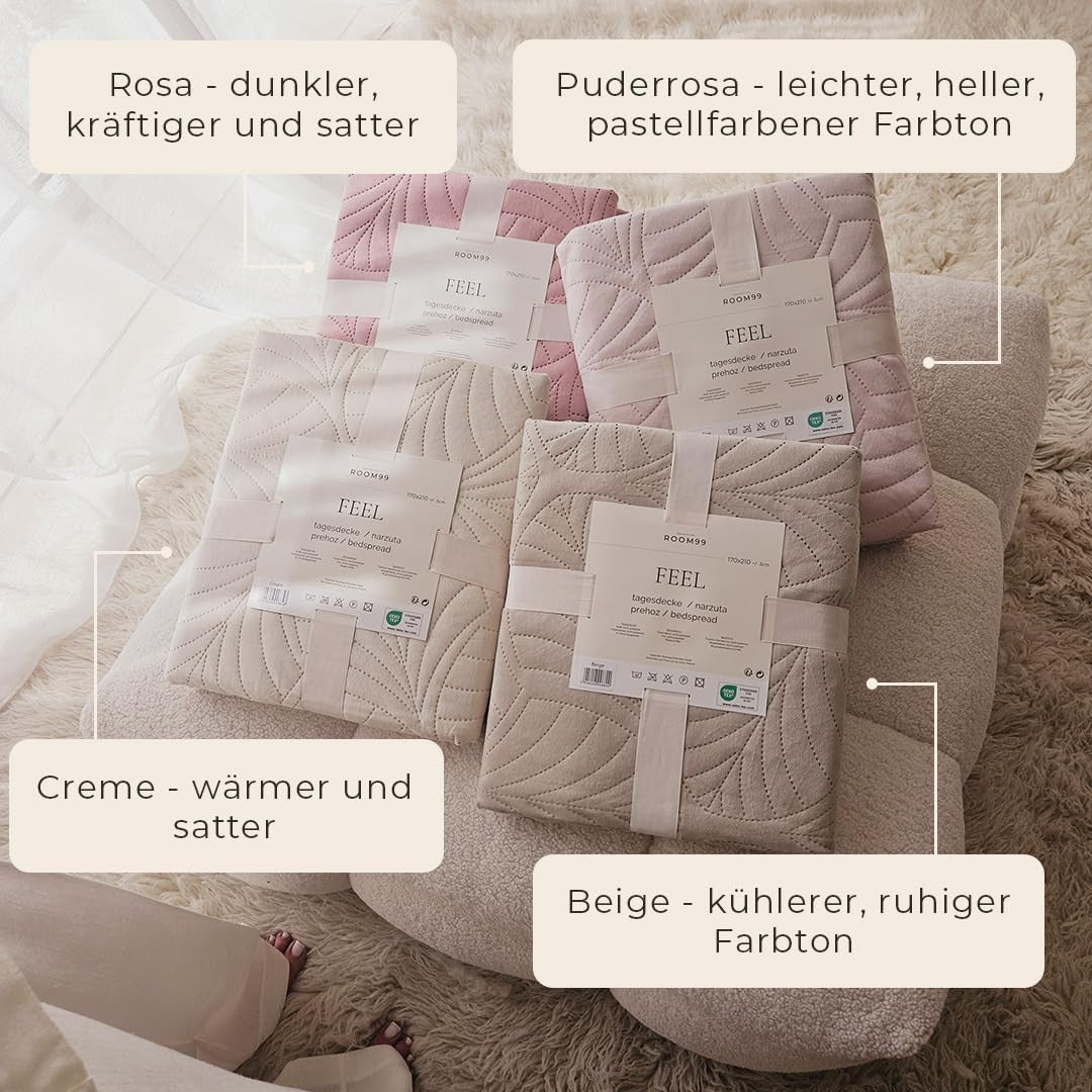 ROOM99 Feel Elegant Couvre-lit Beige 220 x 240 cm Couvre-lit polyvalent comme couvre-lit ou canapé Couverture pour lit et canapé Style couverture Idéal comme couvre-lit Velours Lits et couvertures en velours Besuche den ROOM99-Store