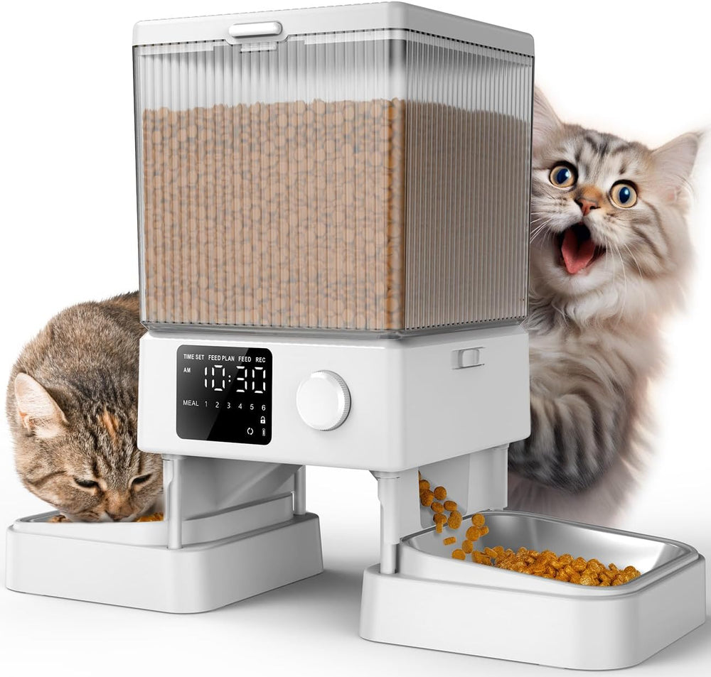 oneisall 5L Futterautomat Katze 2 Napfe, Katzenfutter Automat mit einem Knopf, Einfache Bedienung, Futterspender für Katzen/Hunde, mit Edelstahlschüssel, Voice Recorder, for small/mittlere Haustiere