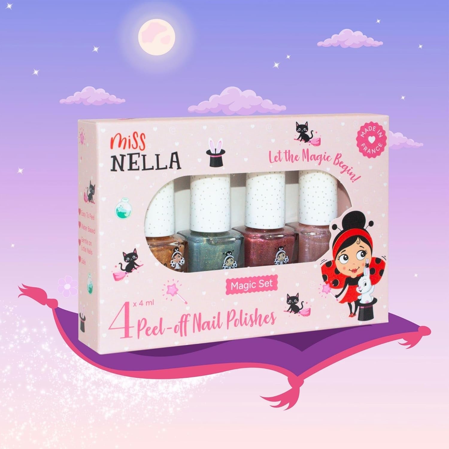 Miss Nella Magic Collection Lot de 4 vernis à ongles pailletés : rose, rouge, or et bleu, vernis à ongles amovible spécial enfants, non toxique, à base d'eau, sans odeur