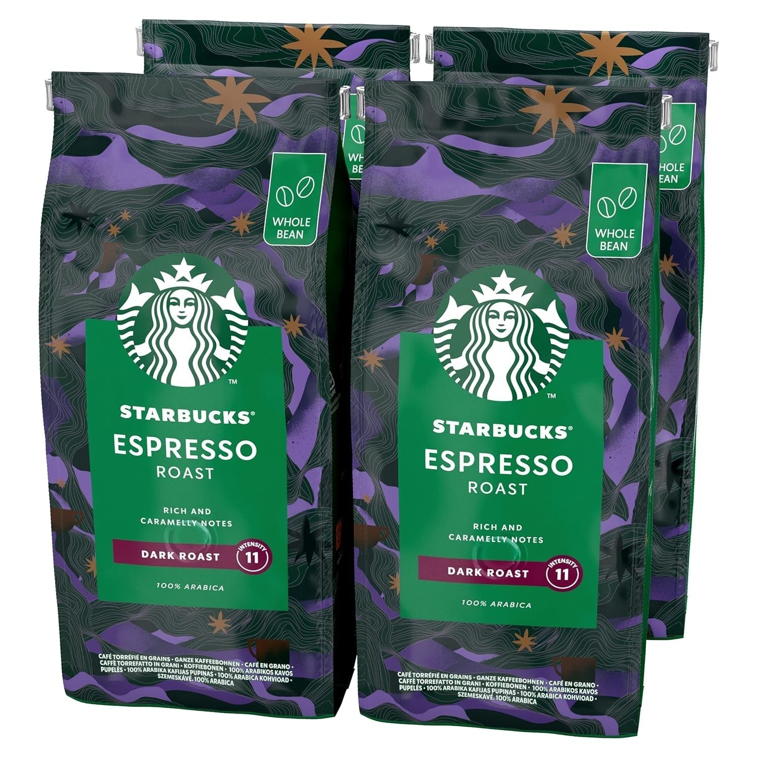 STARBUCKS Espresso Roast, Dark Roast, grains de café entiers Naty Shop Coffee 4 x 450 grammes Aucune saveur supplémentaire