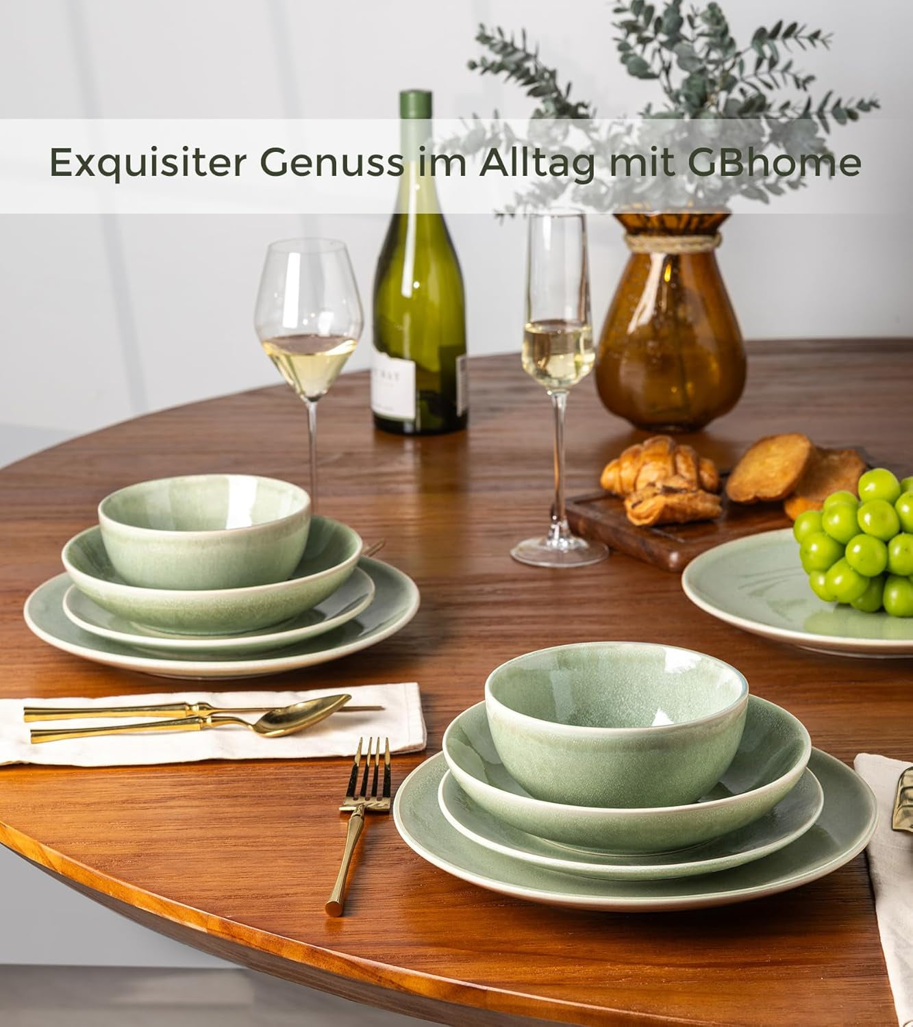 GBHOME Service de table en céramique pour 6 personnes, 24 assiettes et bols peints à la main, grès résistant aux rayures, passe au lave-vaisselle et au micro-ondes