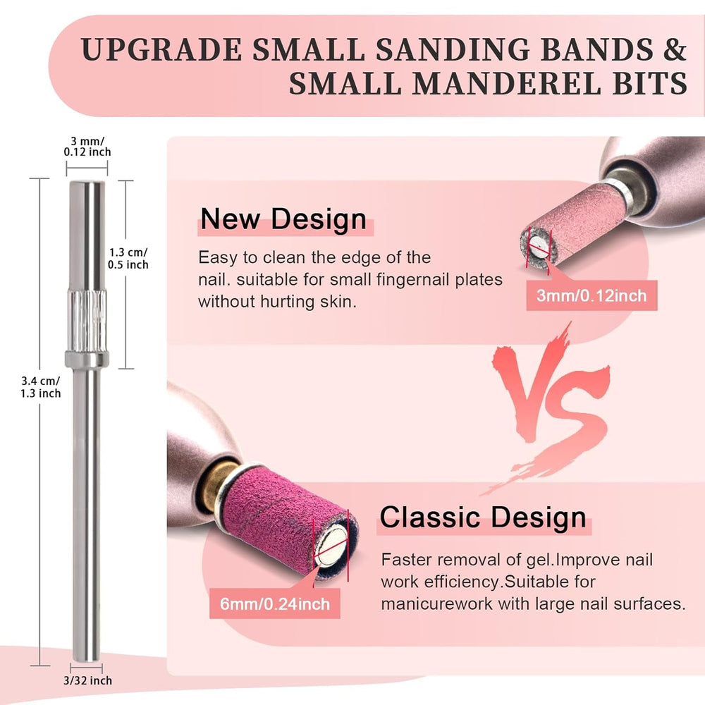 BLESWIN 100 petites bandes abrasives pour forets à ongles, grain fin 240 avec 2 forets de 3 mm, mini bandes abrasives pour polir les ongles naturels et nettoyer les cuticules pour la préparation, rose