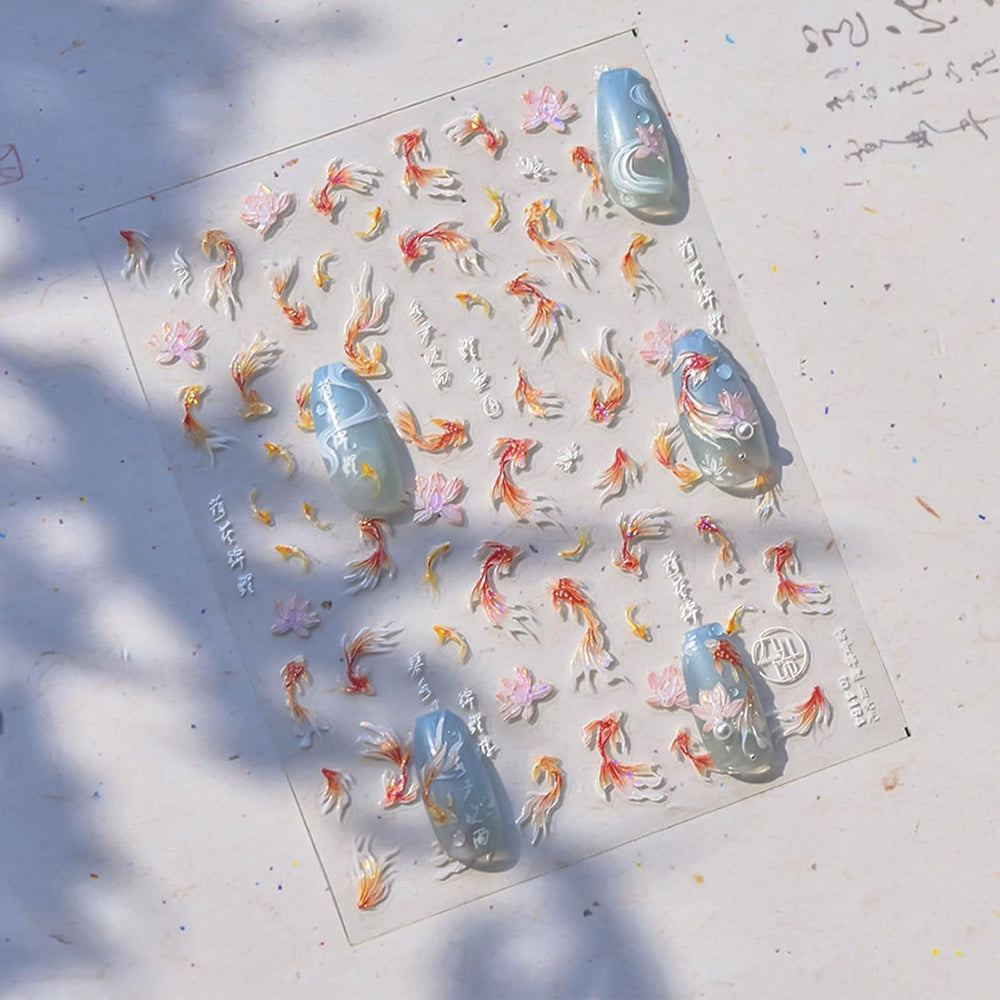 JMEOWIO Autocollant 3D pour ongles en forme de poisson Koi