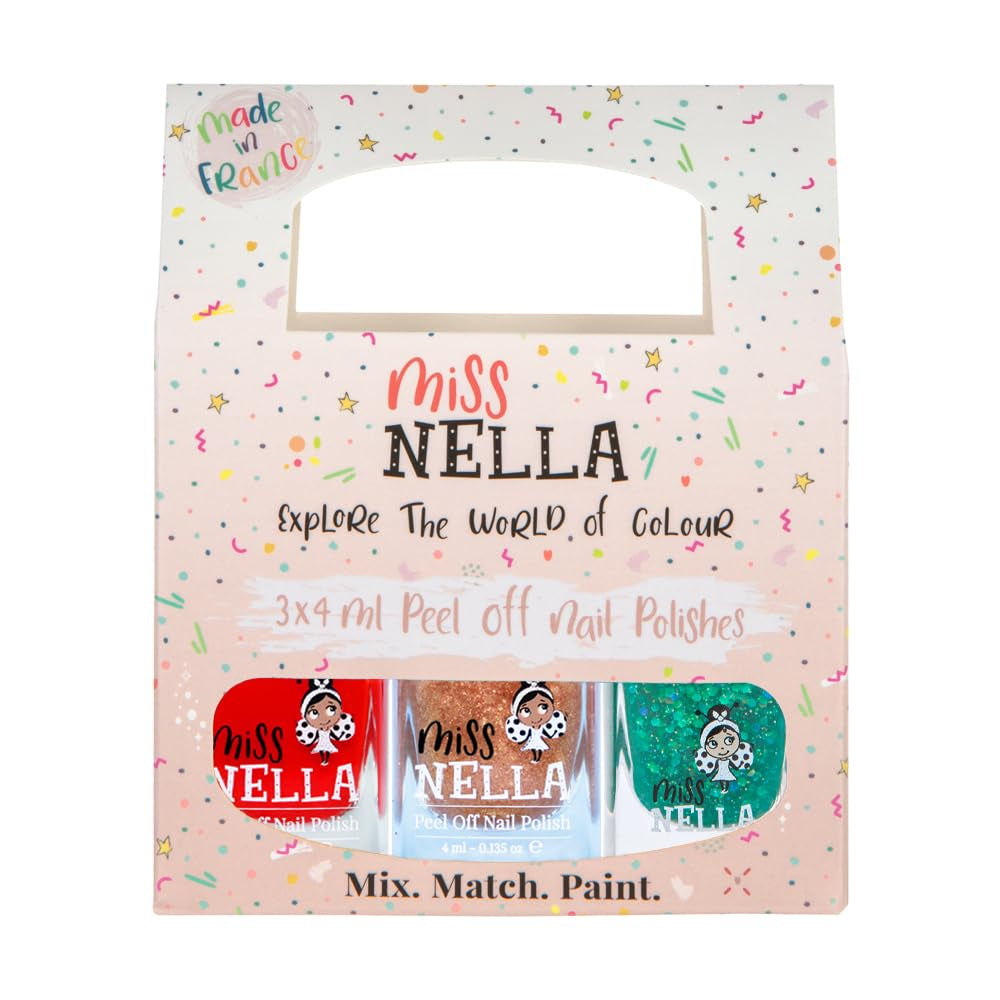Miss Nella Magic Collection Lot de 4 vernis à ongles pailletés : rose, rouge, or et bleu, vernis à ongles amovible spécial enfants, non toxique, à base d'eau, sans odeur