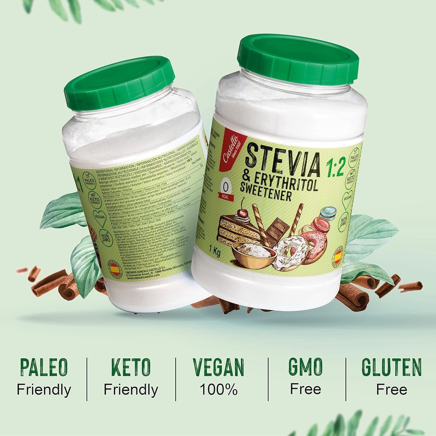 Stevia + Erythritol 1:2 Édulcorant, 1G = 2G Sucre, 1 Kg Édulcorants Naty Shop