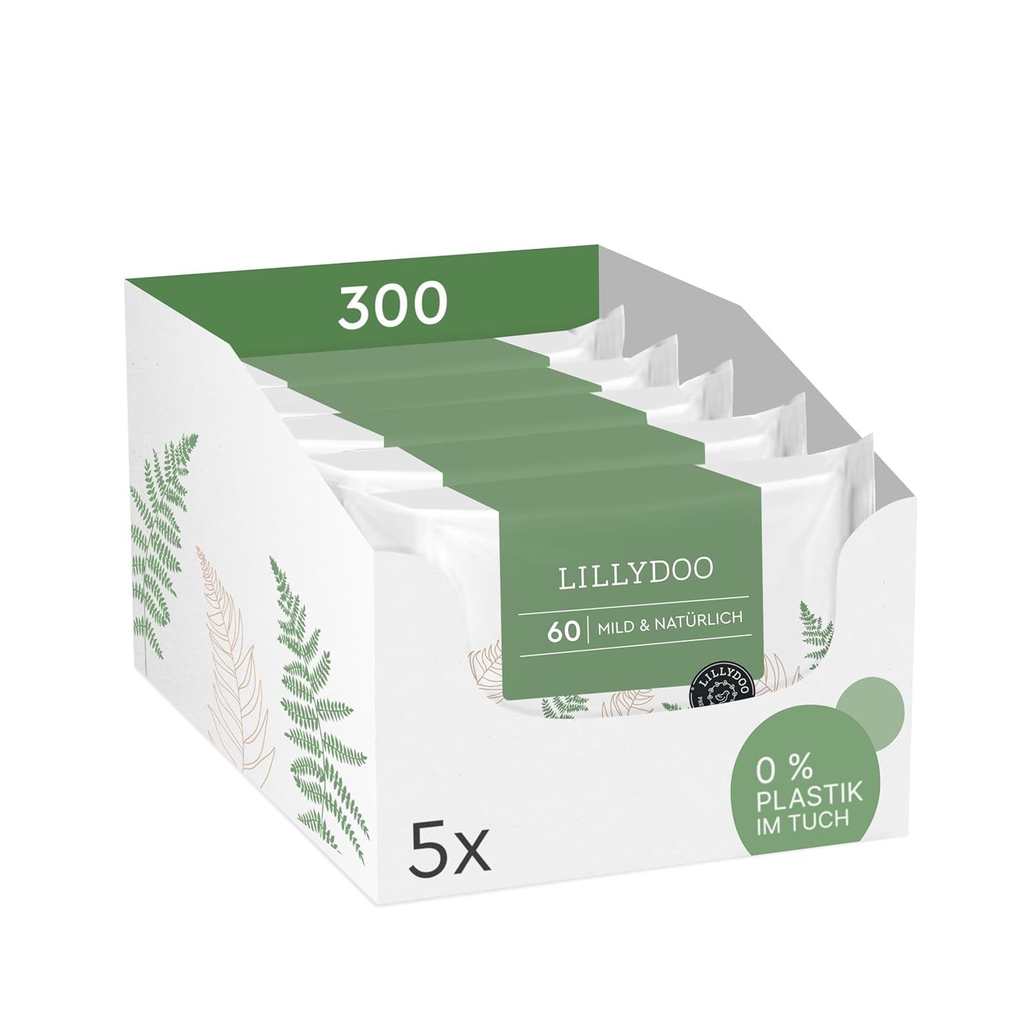 LILLYDOO Lingettes humides vertes, 600 unités (10 x 60), 100 % sans plastique, résistantes aux déchirures – Sans parfum, douces et naturelles, nettoyage doux pour les peaux sensibles, testées dermatologiquement