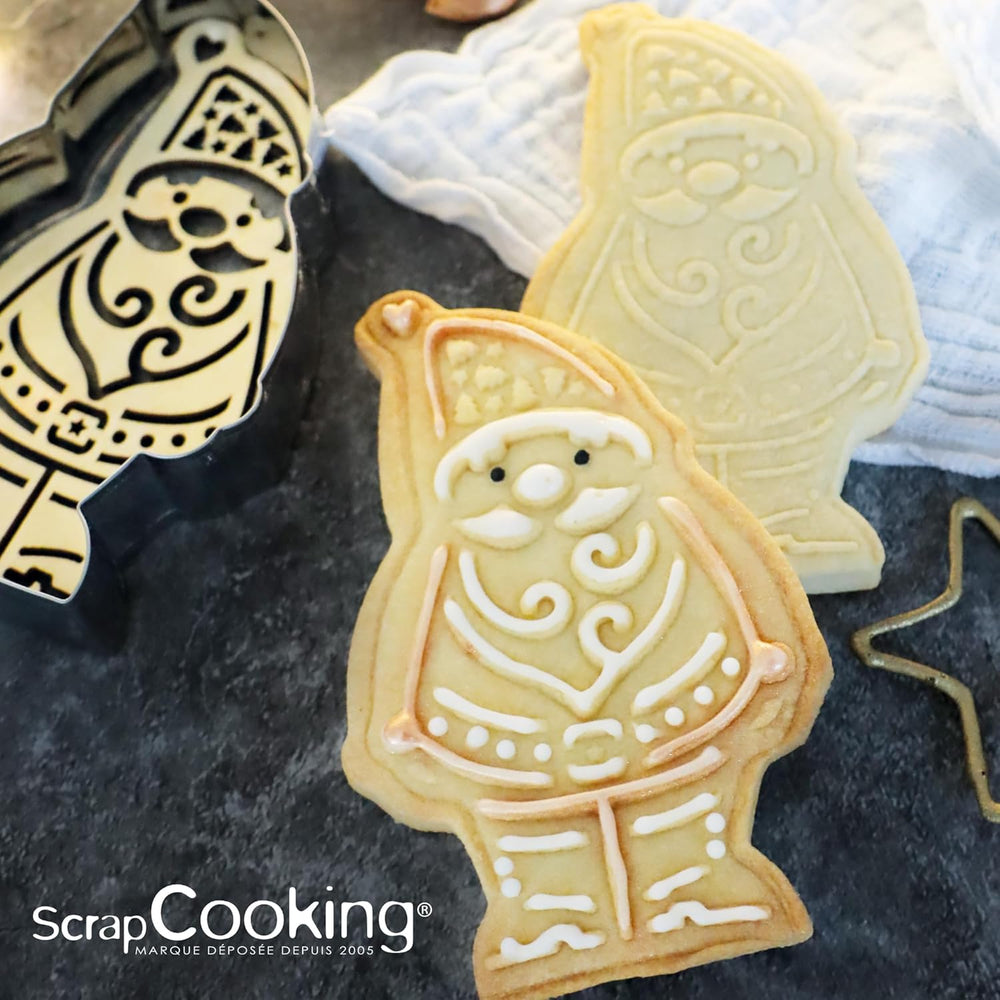 ScrapCooking - Ensemble d'emporte-pièces en bois Père Noël en relief - Emporte-pièce de Noël en acier inoxydable en relief - Accessoires de pâtisserie - Idée cadeau de Noël pour la cuisine - 2079