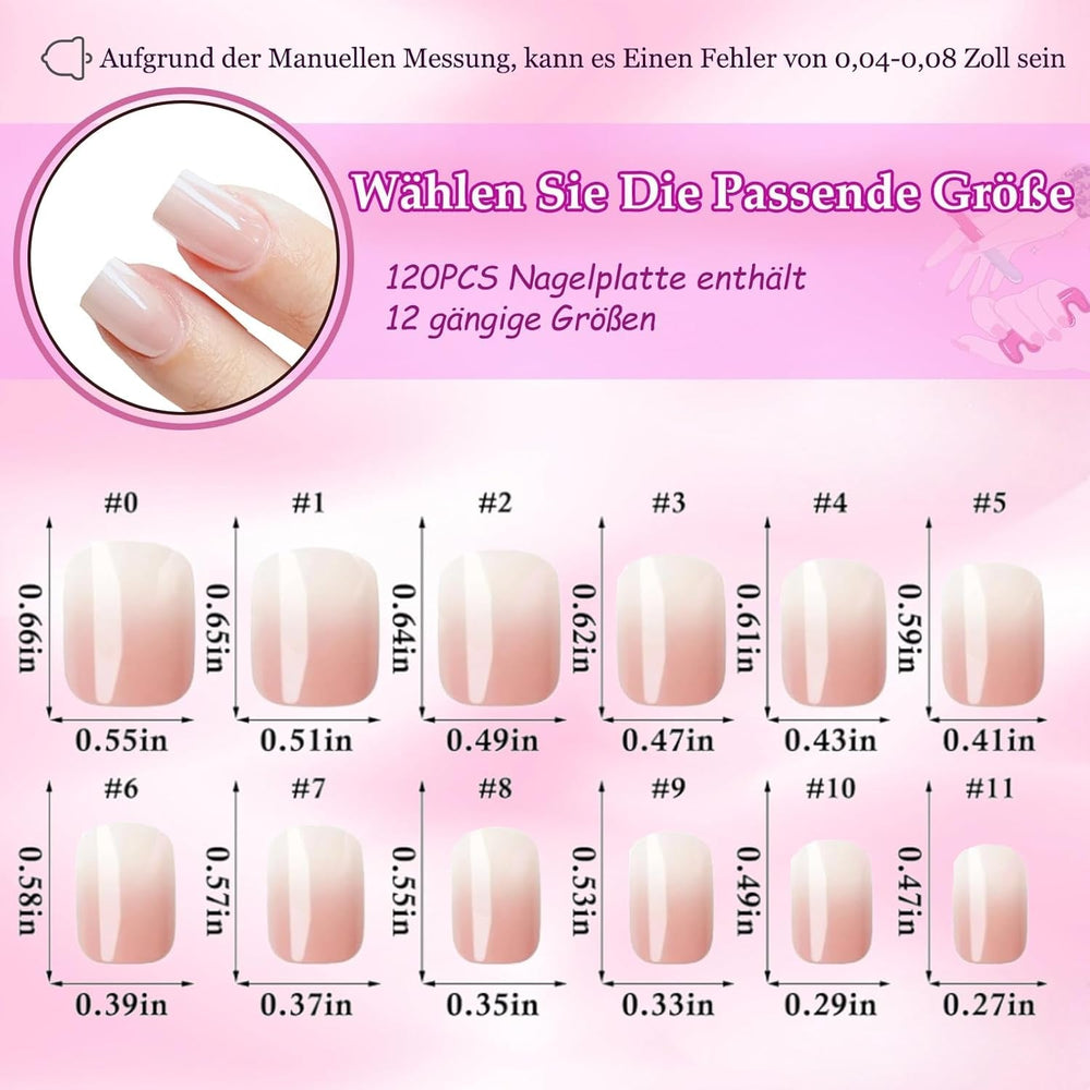 120 pcs faux ongles rose chair avec colle à ongles – 12 tailles courtes ovales carrées à presser – beaux ongles, colle sur ongles artificiels – convient pour la conception d'ongles DIY des femmes (dégradé rose Squaval)