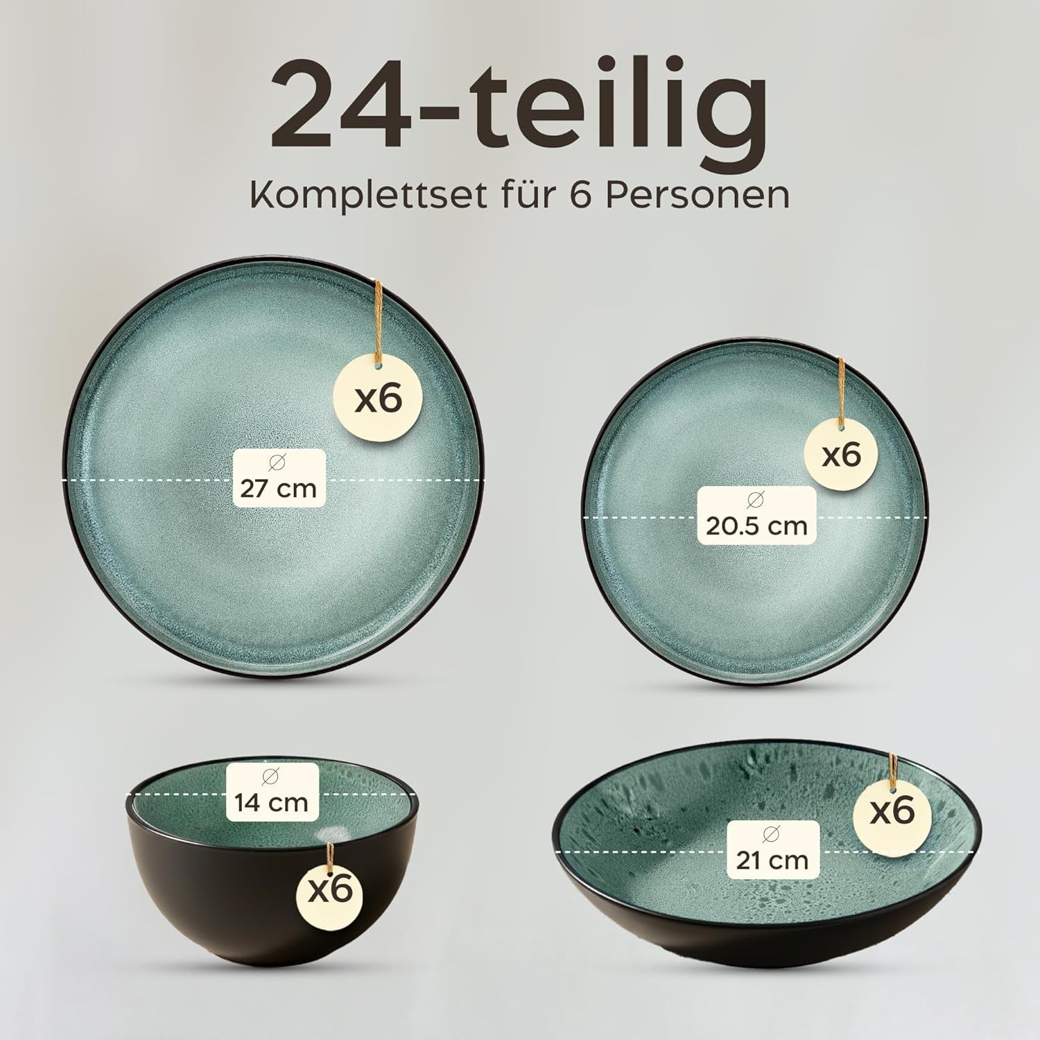 Twinzee Service de table en grès 24 pièces pour 6 personnes – Ensemble bol et assiette – Grès allant au micro-ondes – Collection Riviera