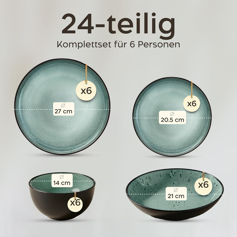 Twinzee Service de table en grès 24 pièces pour 6 personnes – Ensemble bol et assiette – Grès allant au micro-ondes – Collection Riviera