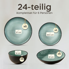 Twinzee Service de table en grès 24 pièces pour 6 personnes – Ensemble bol et assiette – Grès allant au micro-ondes – Collection Riviera