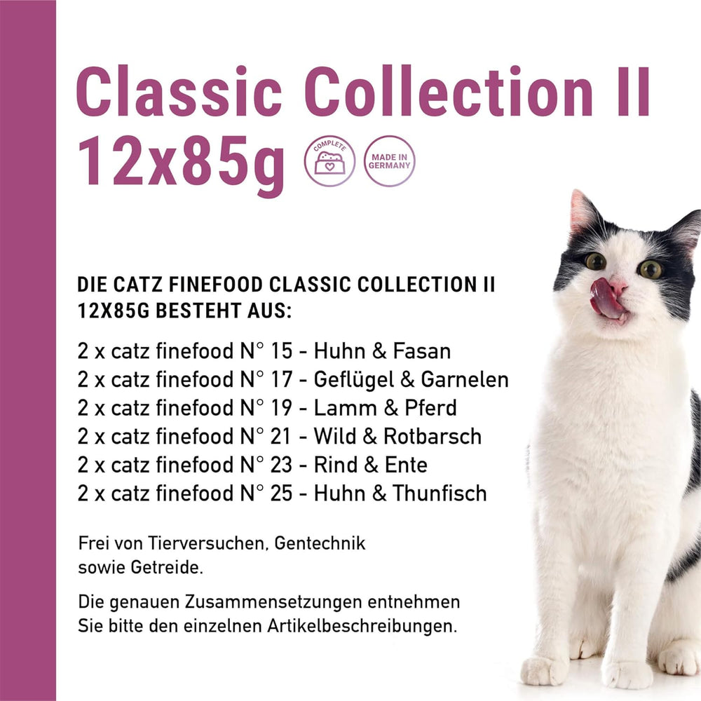 Catz Finefood Classic Collection Mixed Pack Hrană umedă pentru pisici - hrană umedă gourmet pentru pisica ta, fără cereale și fără zahăr, cu un conținut ridicat de carne, 24 de pliculețe x 85 g