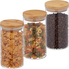 Borcane de depozitare Relaxdays cu capace din bambus, set de 3, borcane rotunde din sticlă, 1000 ml, etanșe, transparente/naturale, 18 x 10 cm Cutii depozitare alimente Naty Shop Transparent/natura 1000 Ml