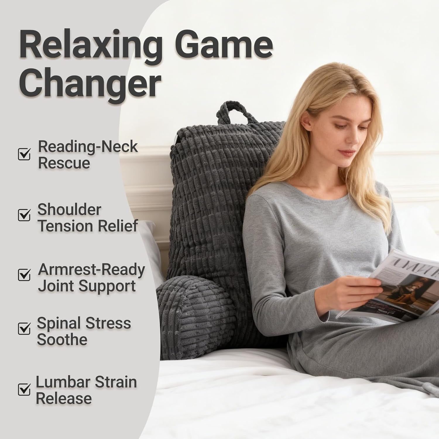 Pernă de citit pentru pat și canapea, pernă de citit cu suport pentru încheietura mâinii, cotiere și suport pentru spate, pernă de spate pentru pat pentru odihnă, relaxare, citit, lucrul la laptop, vizionarea televizorului (gri închis)