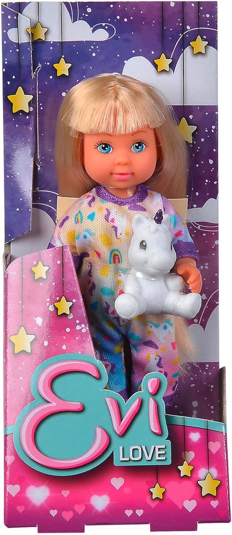 Simba Evi Love Pyjama, 3-Fach Sortiert, es Wird nur EIN Artikel geliefert, Puppe in einem süßen Pyjama mit Einhornkuscheltier, 12cm Spielpuppe, ab 3 Jahren