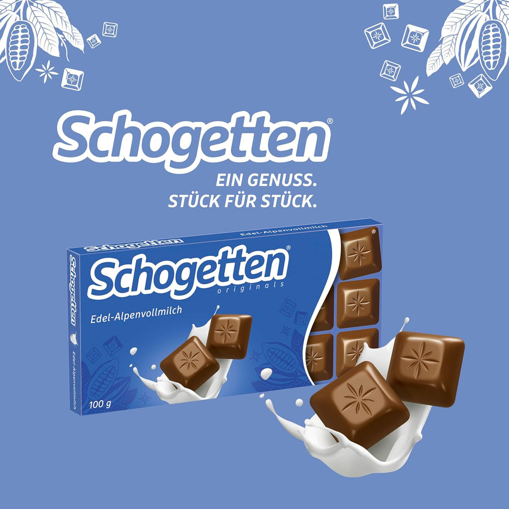 Tablette de chocolat au lait Schogetten Premium Alpine, 100 g, en portions individuelles. Un délice. Pièce par pièce.