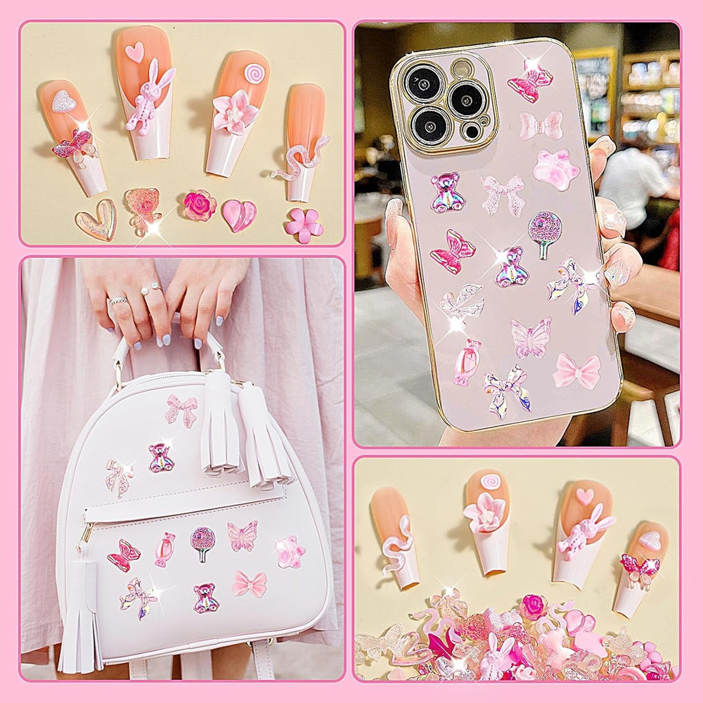 200 Pièces Breloques Nail Art 3D Ensemble de Décoration Nail Art Nœud Pendentif Ongle Rose Style Mixte Nœud Fleur Ours en Peluche Sucette Forme de Coeur Décoration Nail Art DIY Artisanat Conception d'Ongles
