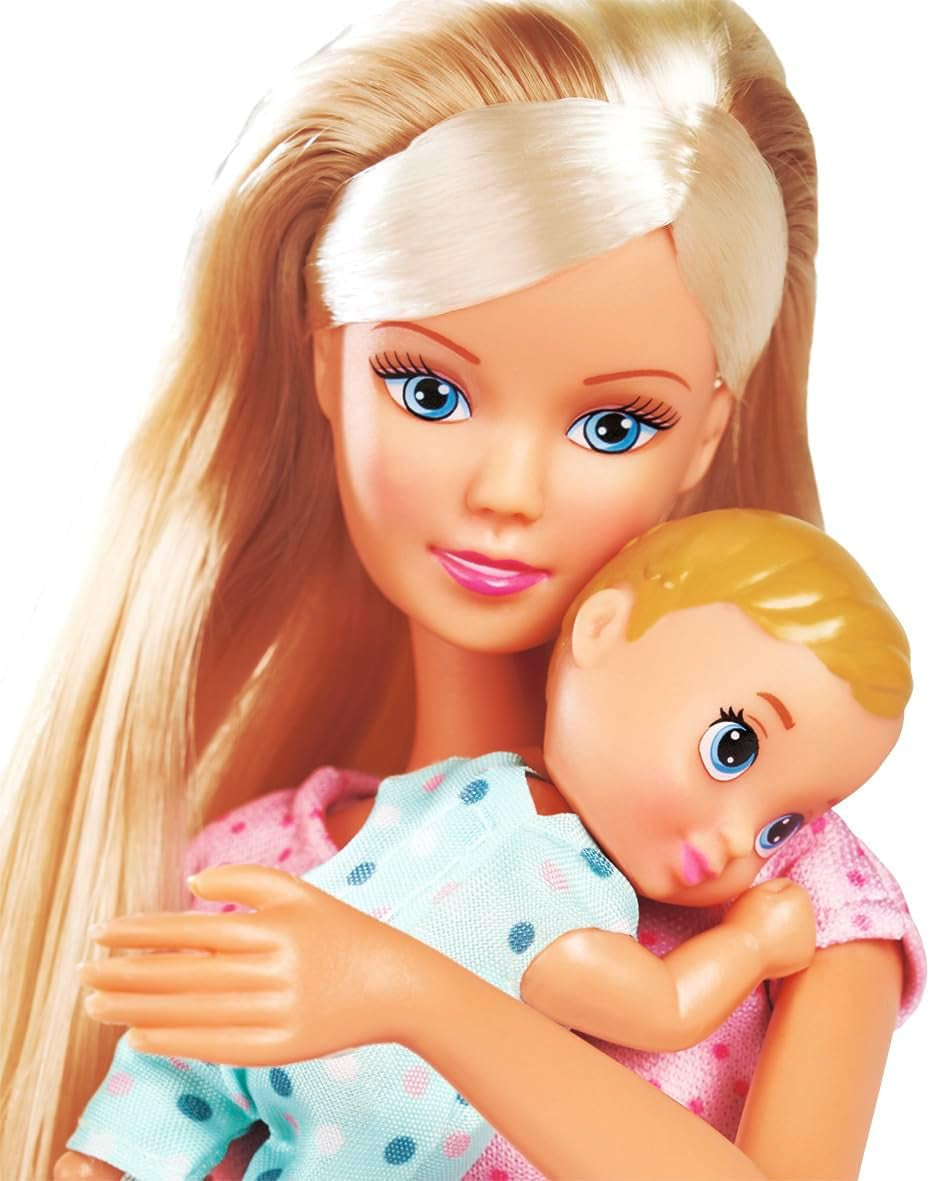 Simba Steffi Love Baby Time, Spielpuppe kümmert Sich um das kleine Baby, inkl. 2-in-1 Wiege, Badewanne, Töpfchen und über 15 Accessoires, ab 3 Jahre