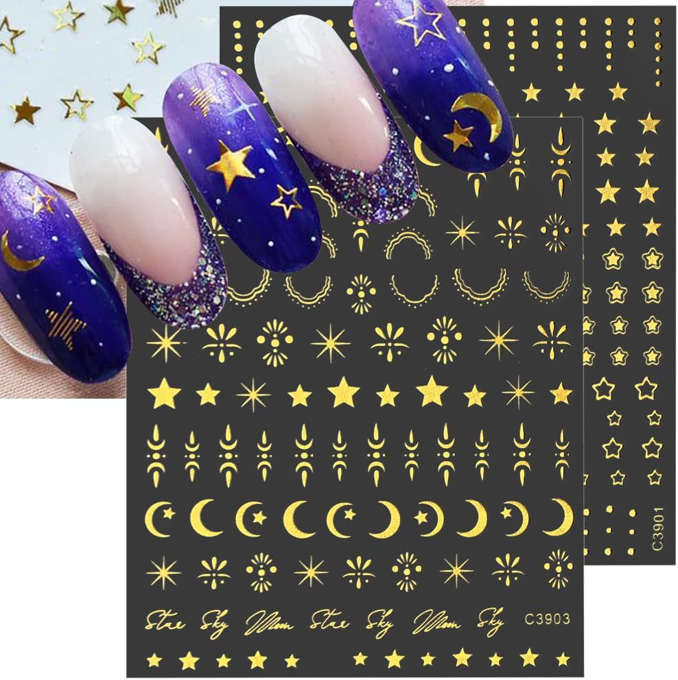 8 feuilles d'autocollants pour ongles dorés, lune et étoiles, ailes d'ange, autocollants pour ongles dorés, feuilles d'étoiles, autocollants pour ongles, accessoires de conception d'ongles, autocollants pour ongles