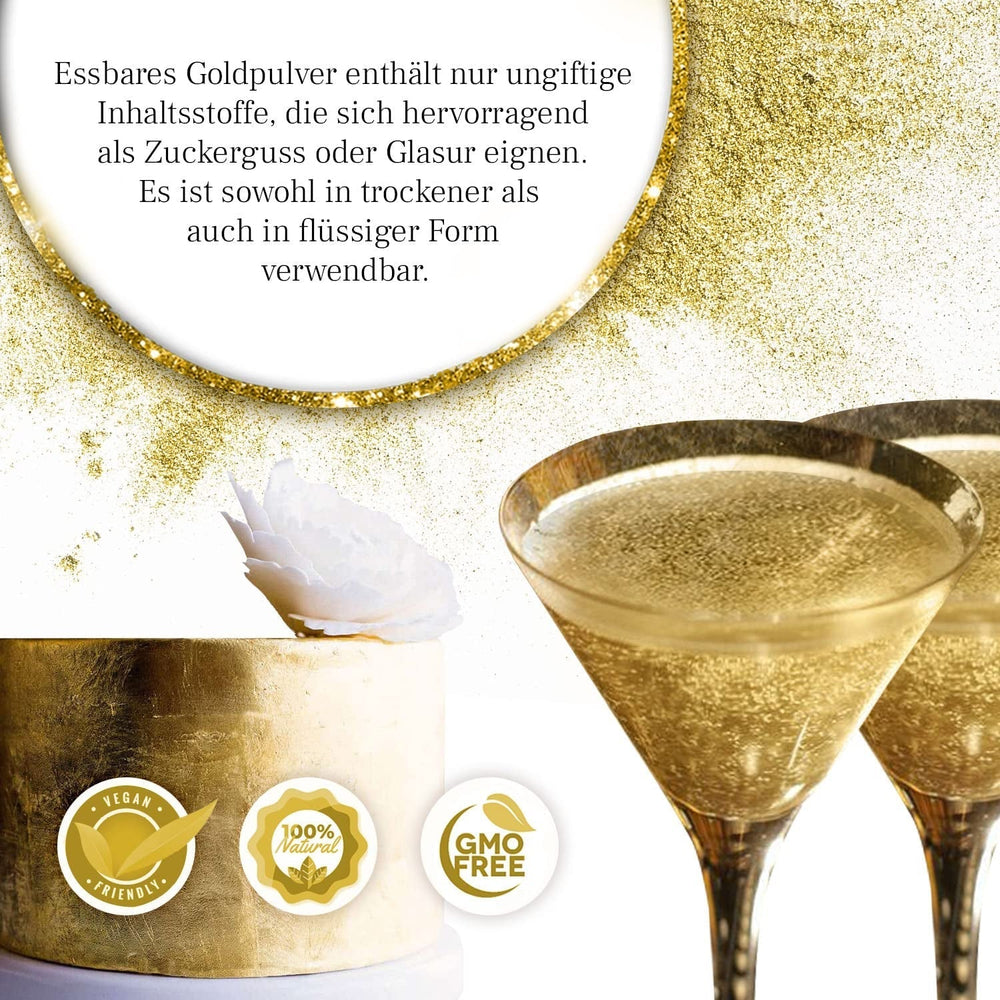 Pudră de aur comestibilă Detox Organica, 10g colorant alimentar auriu fără colorant E171, praf de aur pentru copt și decorare, ideal pentru prăjituri, brioșe, ciocolată și băuturi, sclipici comestibil