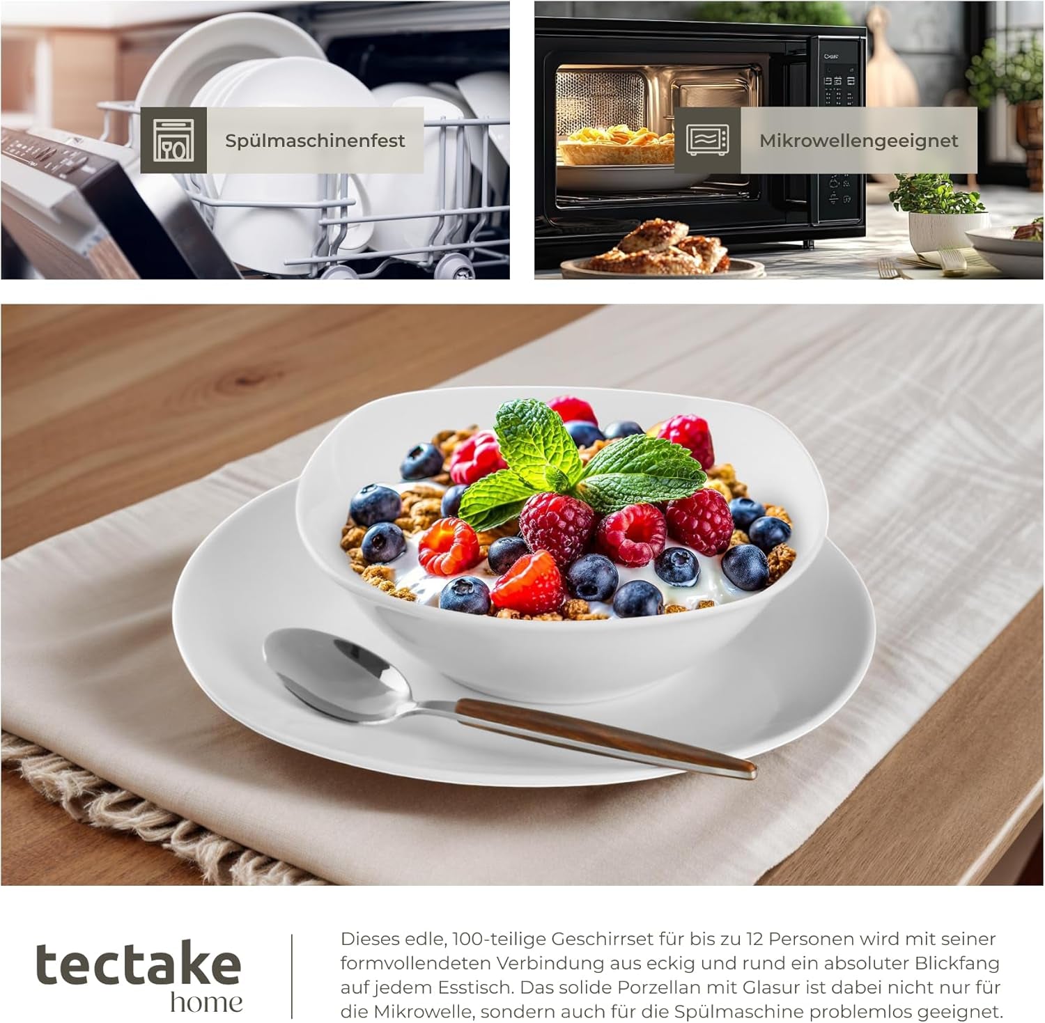 Service de table tectake® pour 12 personnes, service de table en porcelaine de 100 pièces, comprenant 12 assiettes, 12 assiettes à dessert, 12 assiettes plates, 12 tasses, 12 bols à céréales, un saladier, un pot à lait, un sucrier
