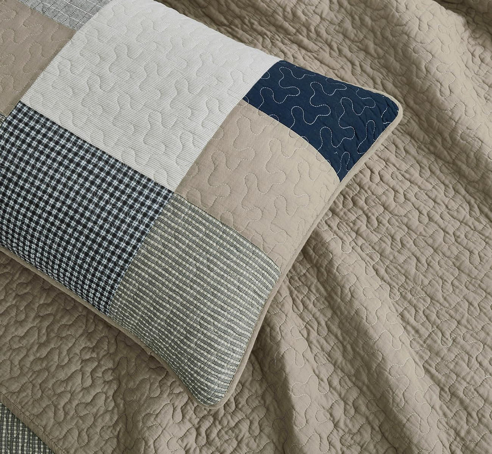 Chezmoi Collection Ensemble de courtepointe Addy Patchwork en coton prélavé léger réversible toutes saisons surdimensionné 3 pièces bleu marine blanc gris taupe courtepointes et courtepointes à carreaux Naty Shop