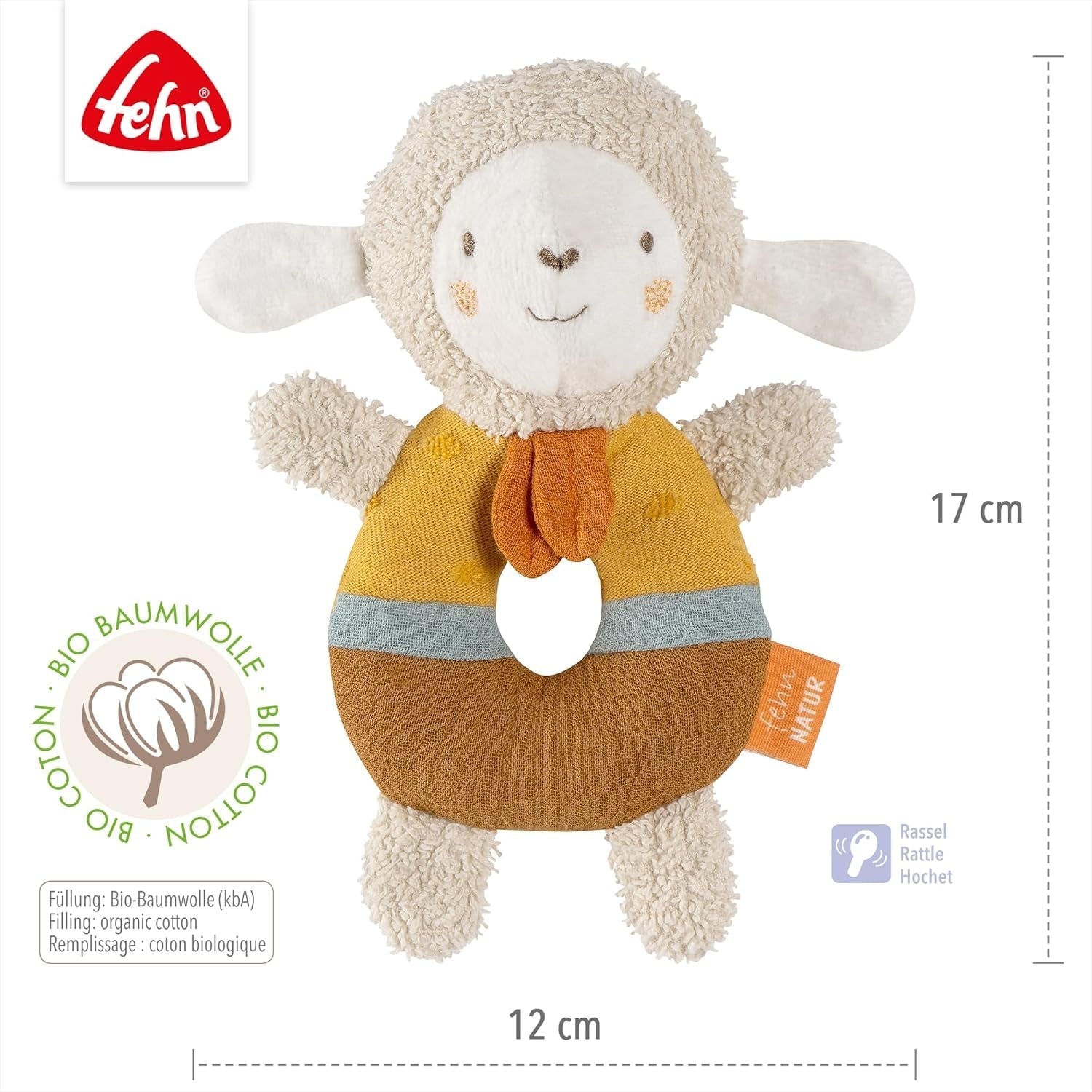 Fehn bébé anneau de préhension jouet mouton fehnNATUR - peluche avec coton biologique - jouet pour bébé avec clochette et jouet d'apprentissage ludique - jouet de préhension pour bébés et jeunes enfants à partir de 0 mois Jouets pour bébé Naty Shop