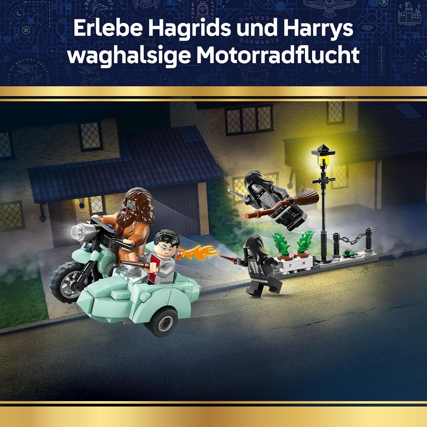 LEGO Harry Potter Hagrids und Harrys Flucht aus dem Ligusterweg - Motorrad Spielzeug mit 4 Minifiguren - 2 Todesser, eine Straßenszene - Geschenk für Mädchen, Jungen und Fans ab 8 Jahren - 76459