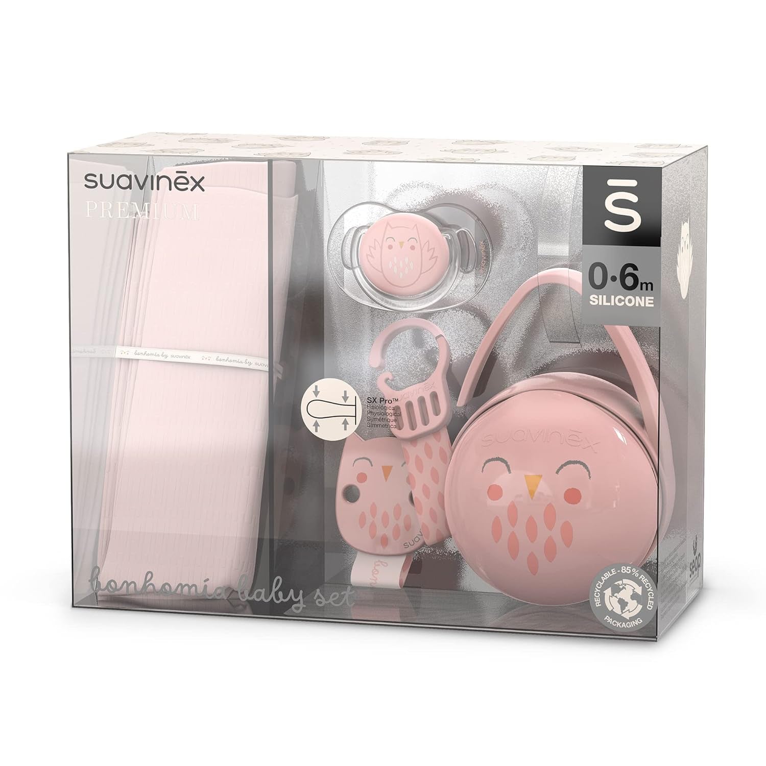 Coffret Suavinex pour nouveau-né. Coffret 4 pièces comprenant : Sucette Physiologique SX Pro pour bébé 0-6 mois + attache-sucette + attache-sucette Duo + anneau de dentition en silicone. Pays des merveilles, beige