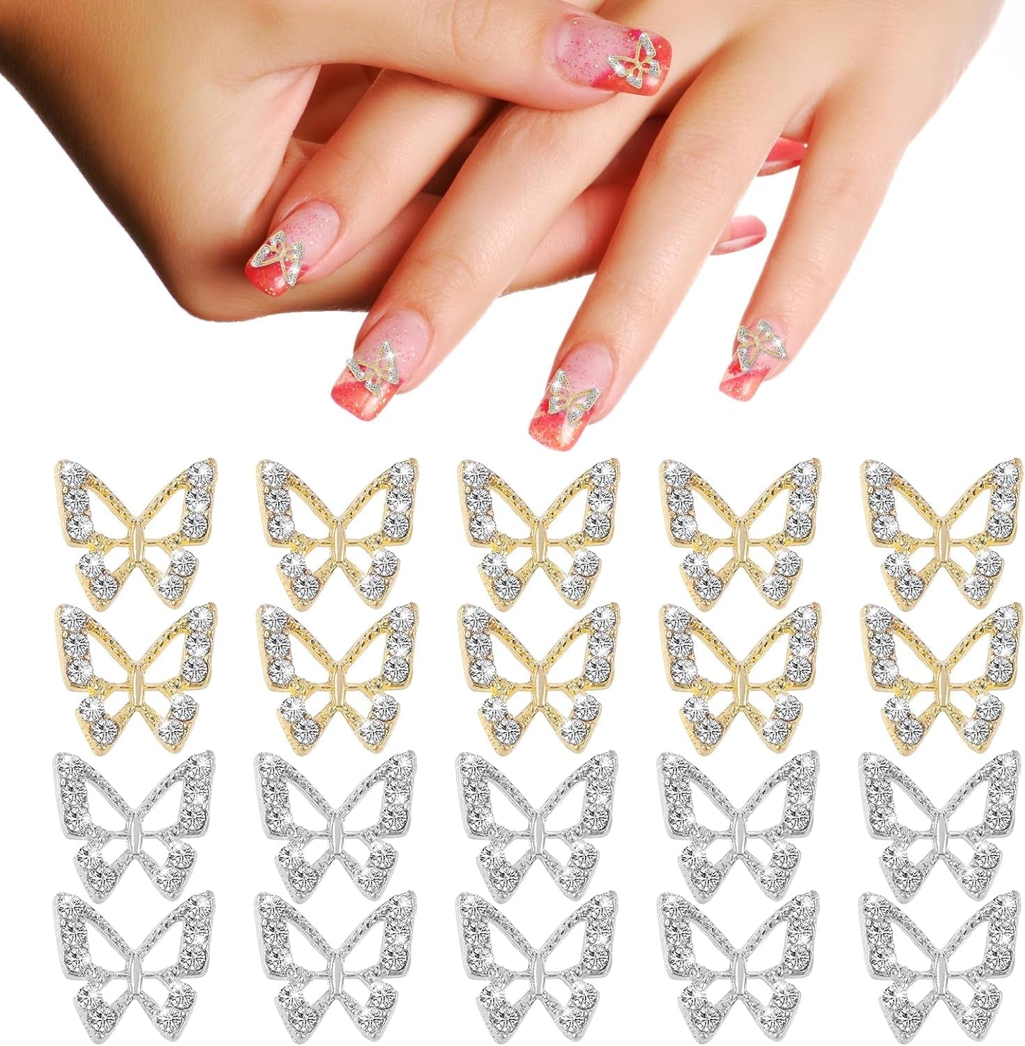 20pcs Charms à Ongles Papillon Paillettes, Strass Nail Art, Pierres à Ongles, Nail Art Papillon, Strass, Breloques à Ongles de la Saint-Valentin, Décoration de Étui de Téléphone Portable DIY