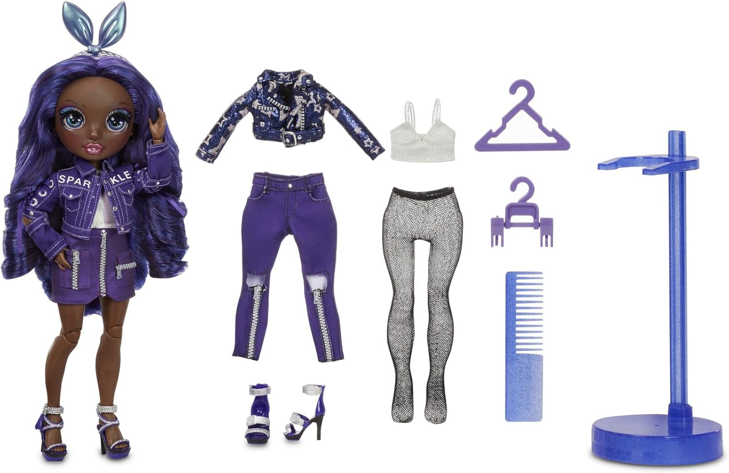Rainbow High Modepuppe - Kristal Bailey - Indigo Puppe mit 2 Luxus-Outfits - inkl. Accessoires und Puppenständer Series 2 - Tolles Geschenk für Kinder und Sammler ab 6 Jahren