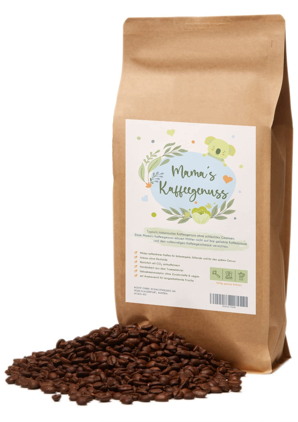 Mama's Coffee Pleasure®binky - Espresso en grains décaféinés Cremoso - décaféination naturelle au CO² - légèrement torréfié au tambour en Italie - idéal pendant et après la grossesse