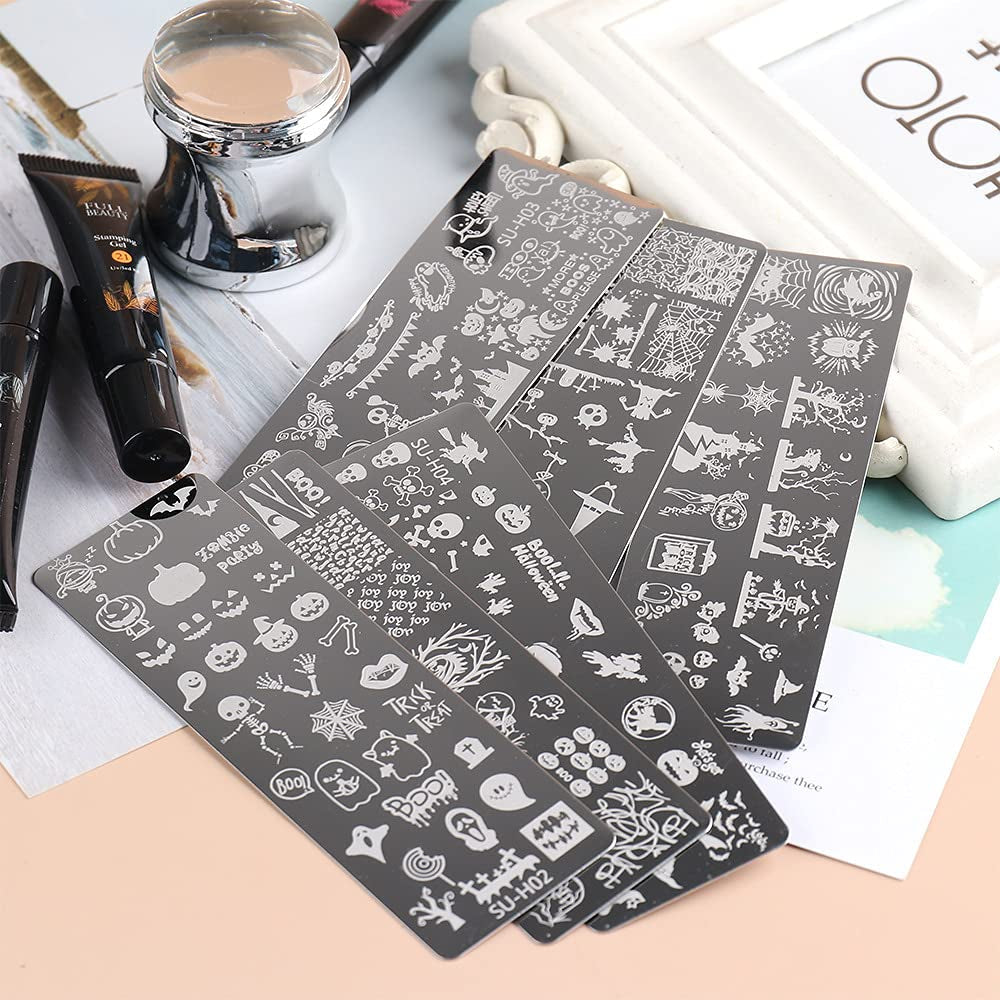 JMEOWIO Nail Stamping Pochoirs Halloween 6 Pièces Nagelstempel Pochoirs Nail Art Décoration Nageldesign Zubehör Böse Gruselige Kürbis-Geisterhexe