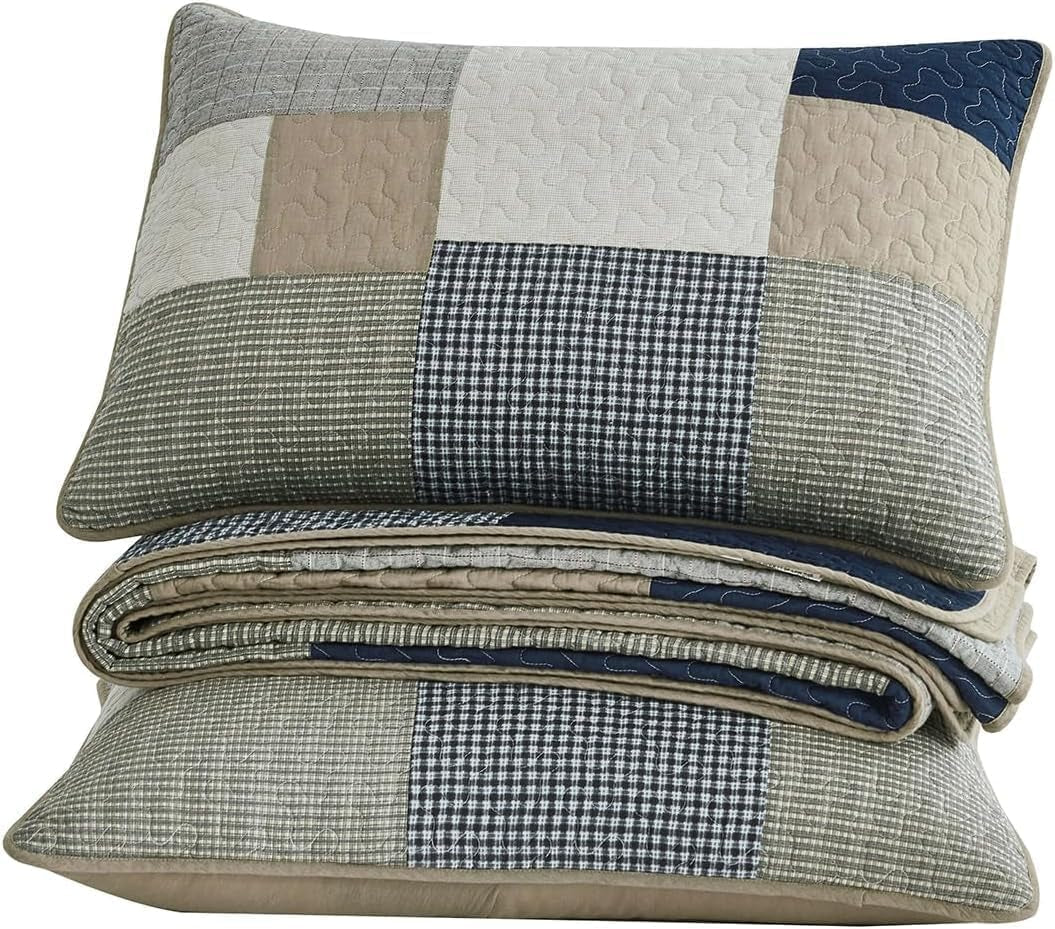 Chezmoi Collection Ensemble de courtepointe Addy Patchwork en coton prélavé léger réversible toutes saisons surdimensionné 3 pièces bleu marine blanc gris taupe courtepointes et courtepointes à carreaux Naty Shop