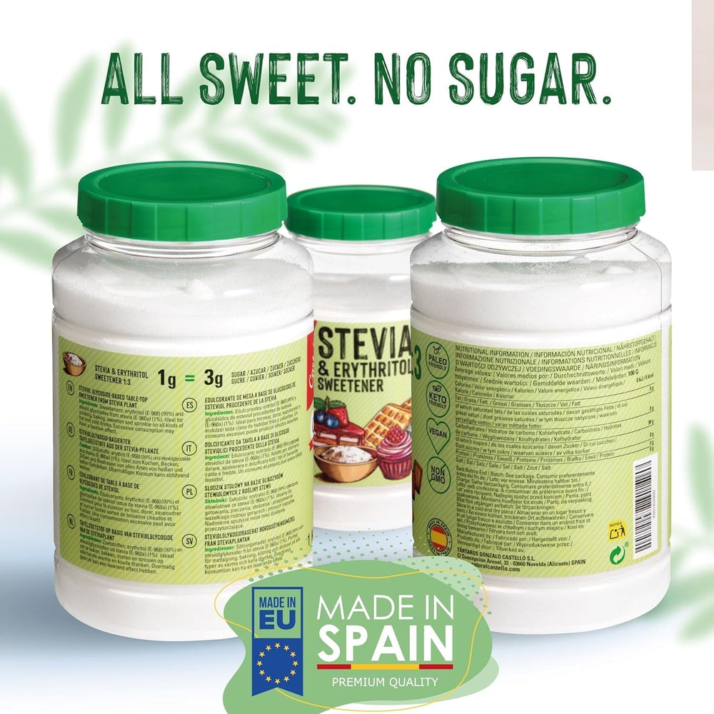 Stevia + Erythritol 1:3 Tissu sucré | 1G = 3G Zucker | Ingrédients 100% naturels - 0 calories - 0 indice glycémique - Keto et Paleo - 0 netto-khlenhydrate - Kein GVO - Castello depuis 1907-1 kg d'édulcorants Naty Shop