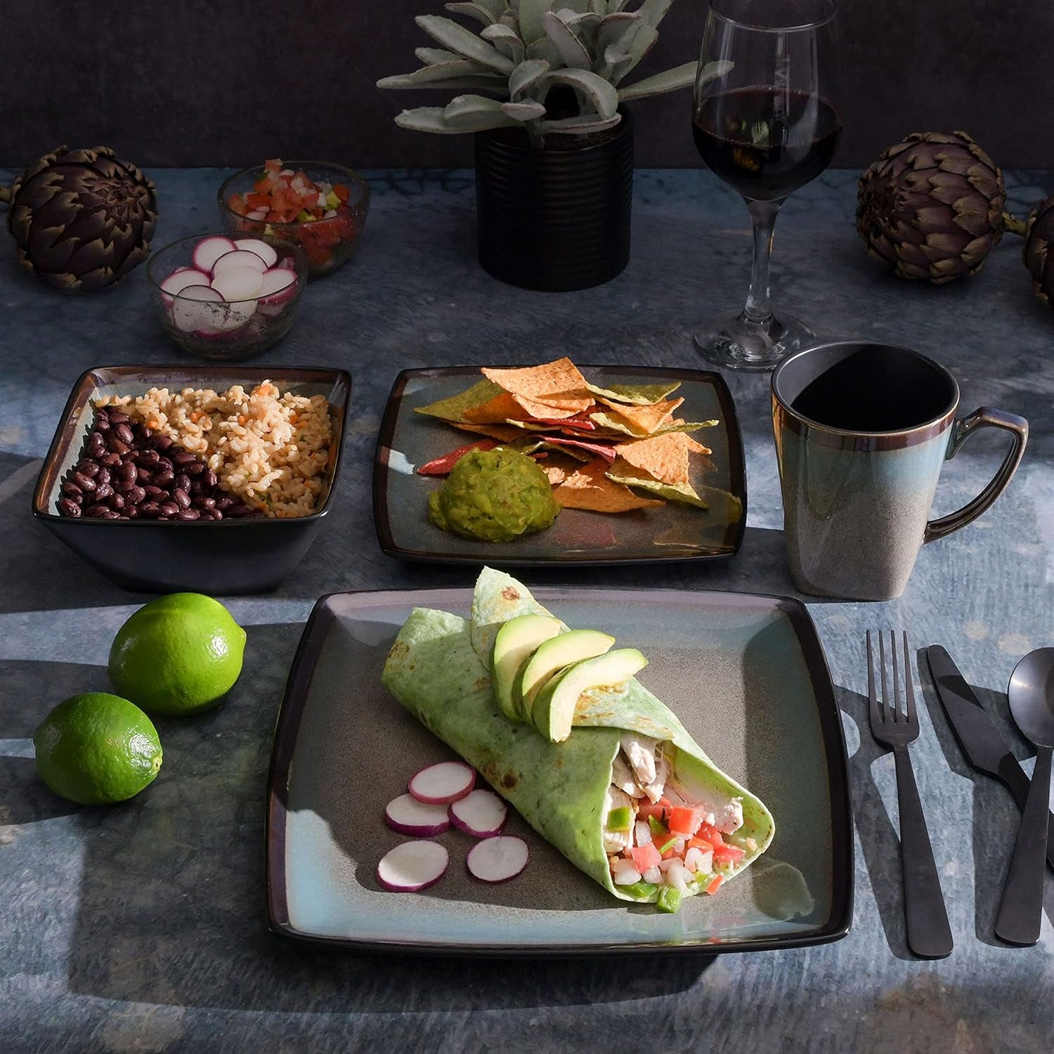 Tequesta Service de table carré en grès émaillé réactif pour 4 personnes (16 pièces) Taupe