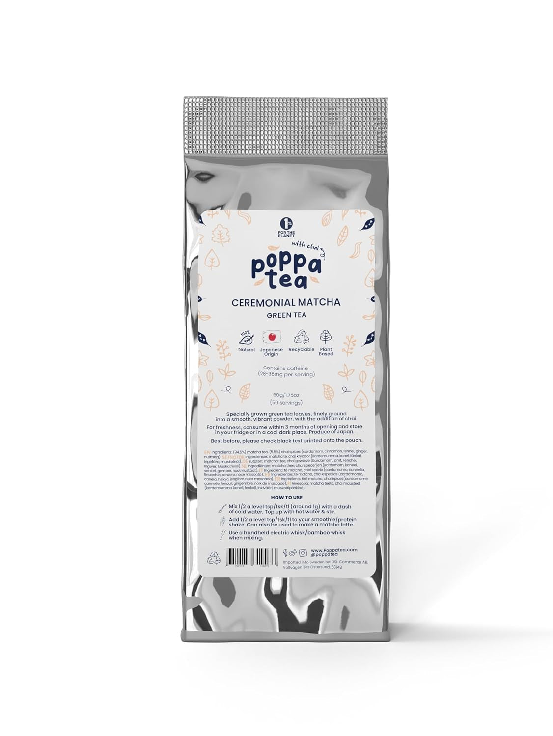 Thé Matcha Poppatea - Cérémonial - Feuilles de thé vert japonais (sac de recharge de 50 g, Matcha avec Chai)