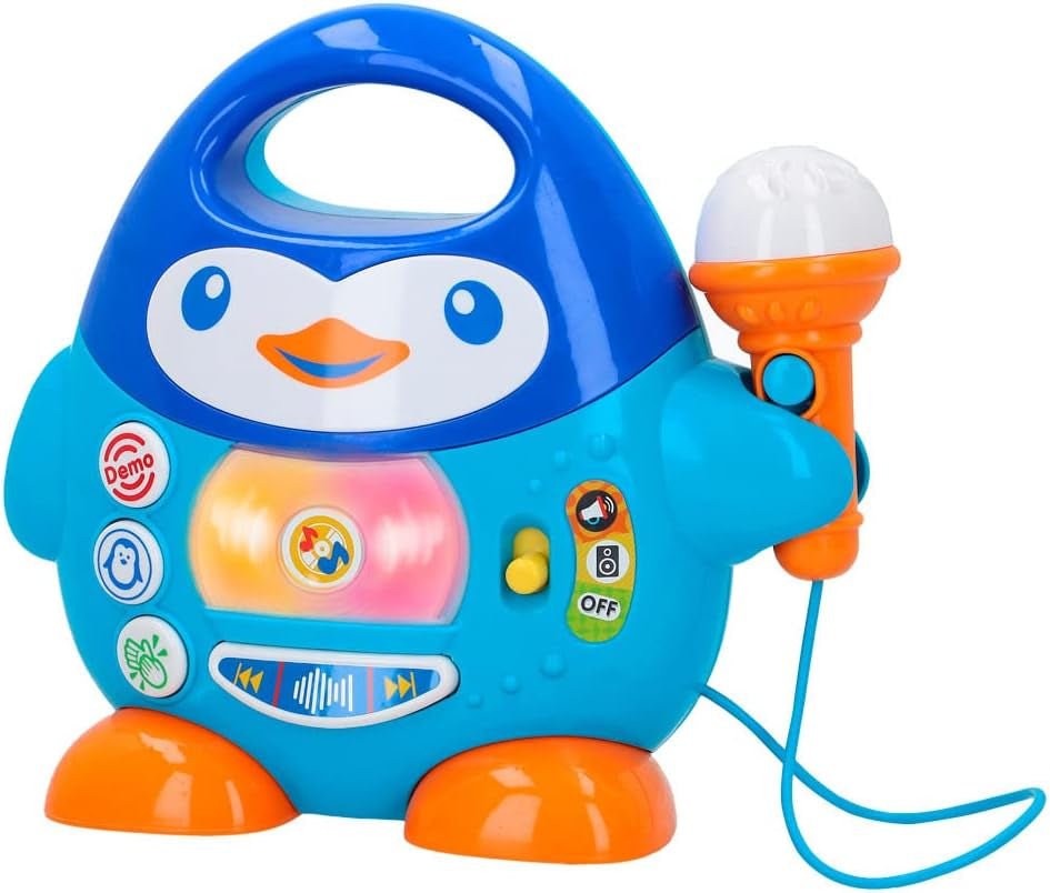 Lecteur de musique karaoké WinFun, design pingouin, avec lumières clignotantes et effets d'écho, en bleu, style ludique, connexion USB Baby Toys Naty Shop