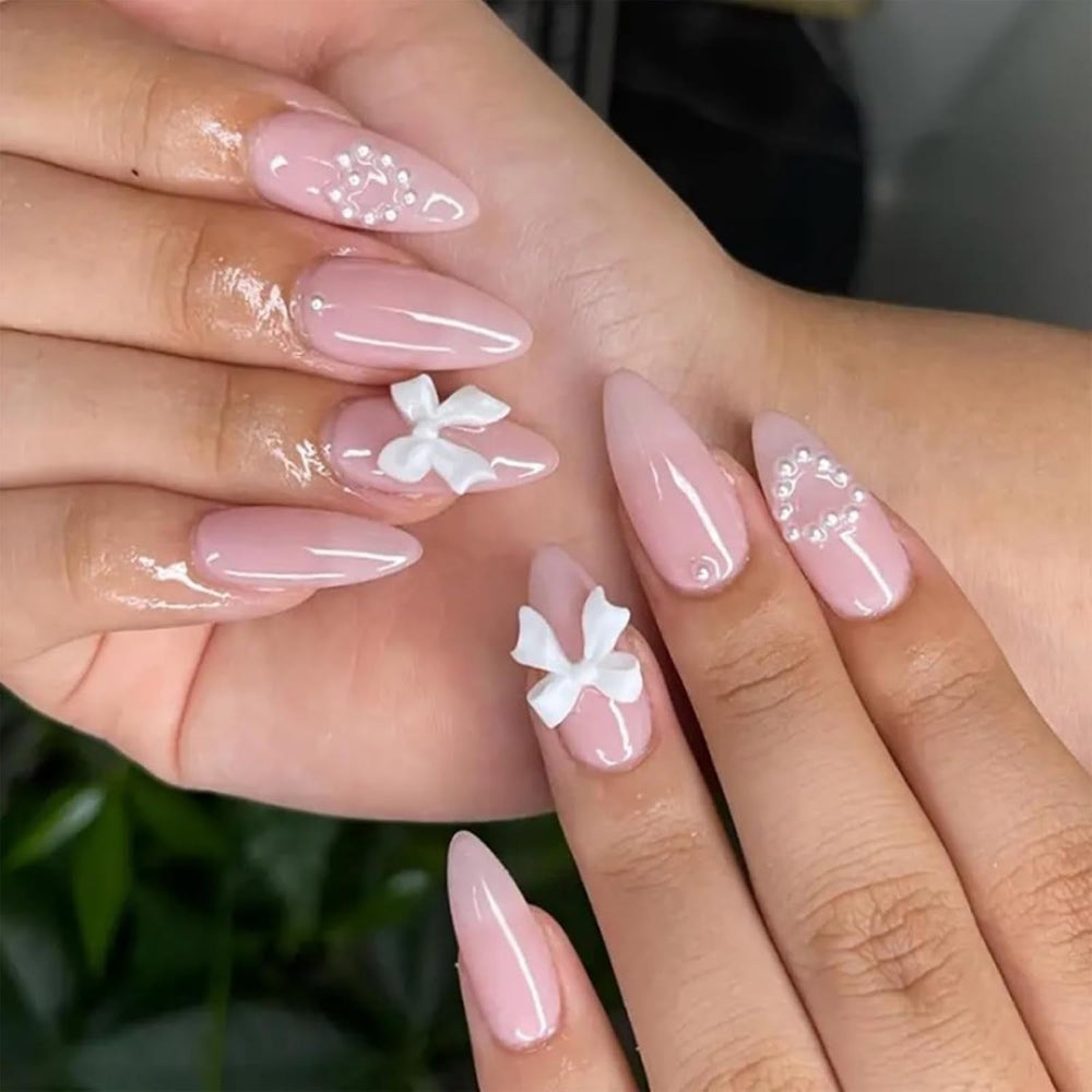 Faux ongles français à pression en amande blanche, 24 pièces, avec nœuds, perles, colle sur faux ongles, paillettes