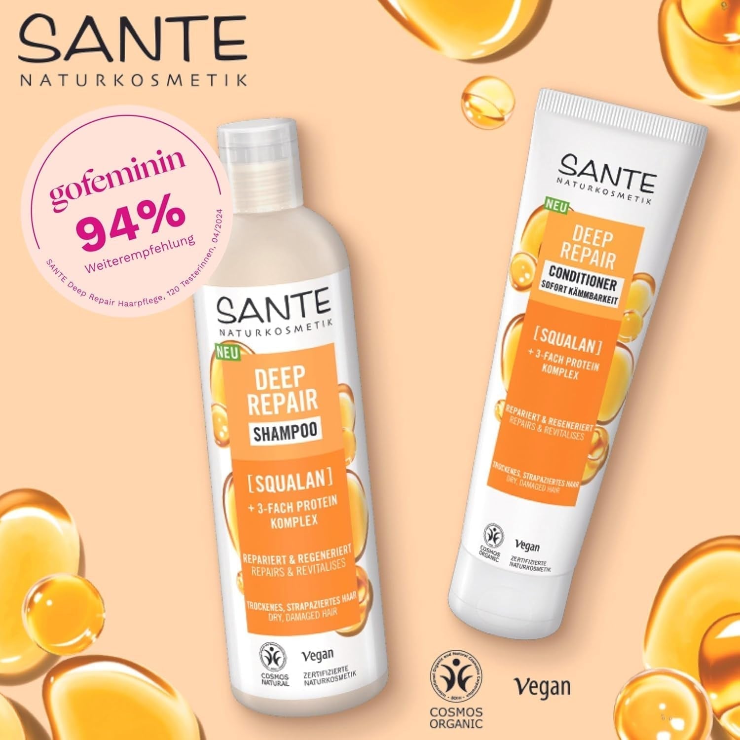 SANTE Natural Cosmetics Deep Repair Mask Squalane + 3x complexe protéique, masque capillaire végétalien pour une hydratation intense et des cheveux souples, répare et régénère les cheveux abîmés, 150 ml Naty Shop Hair Mask