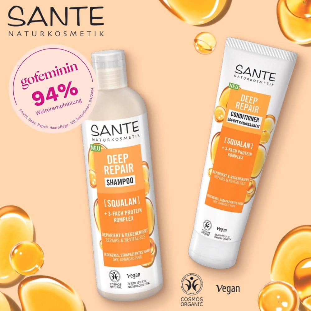 SANTE Natural Cosmetics Deep Repair Mask Squalane + 3x complexe protéique, masque capillaire végétalien pour une hydratation intense et des cheveux souples, répare et régénère les cheveux abîmés, 150 ml Naty Shop Hair Mask