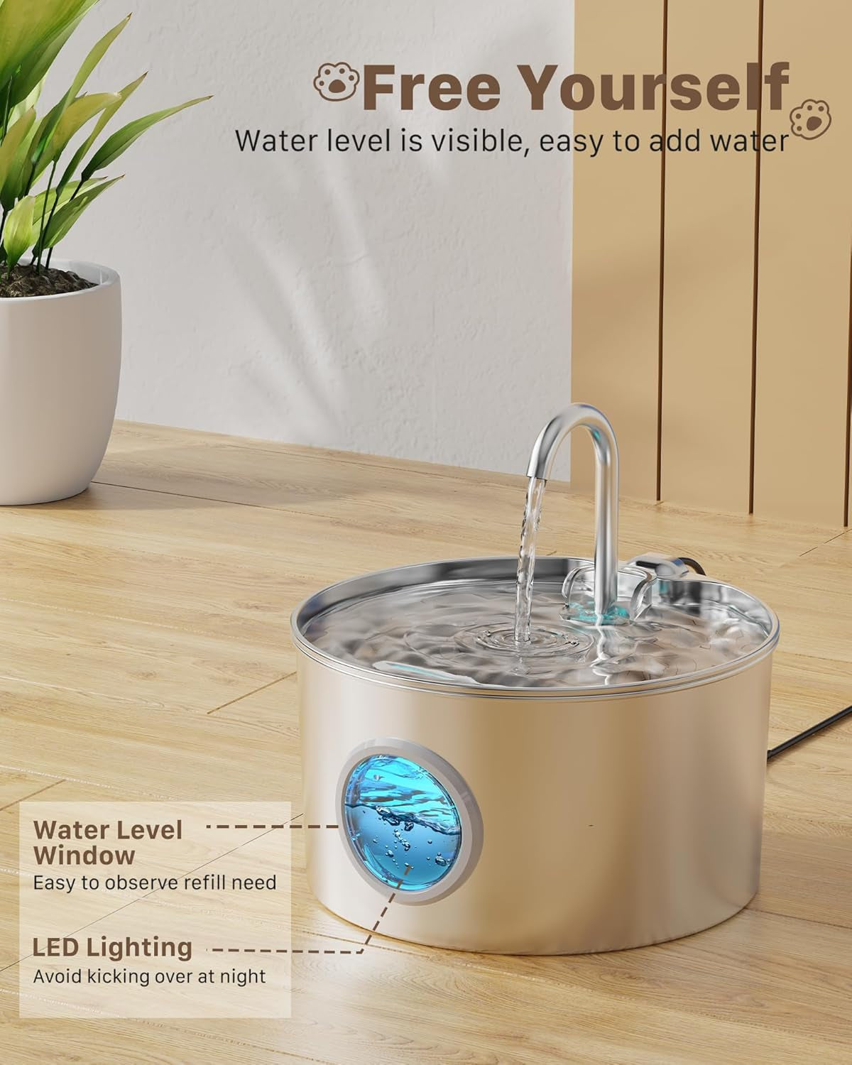 Katzenbrunnen Edelstahl Trinkbrunnen für Katze: Katzenbrunnen für Katzen - 2.2L Ultra leise Wasserbrunnen für Katzen - Katzentrinkbrunnen für Hunde mit Wasserstandsfenster - Enhtält keinen EU-Adapter